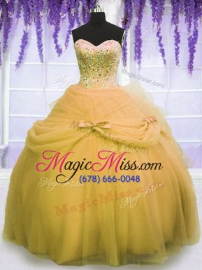 Deluxe Gold Sleeveless Tulle Lace Up Sweet 16 Dresses for Military Ball and Sweet 16 and Quinceanera