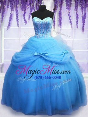 Blue Ball Gowns Sweetheart Sleeveless Tulle Floor Length Lace Up Beading and Bowknot Quinceanera Dress