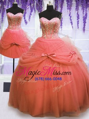 Decent Three Piece Tulle Sweetheart Sleeveless Lace Up Beading and Bowknot Quinceanera Dresses in Watermelon Red