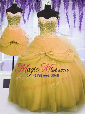 Admirable Three Piece Ball Gowns Quinceanera Gowns Gold Sweetheart Tulle Sleeveless Floor Length Lace Up