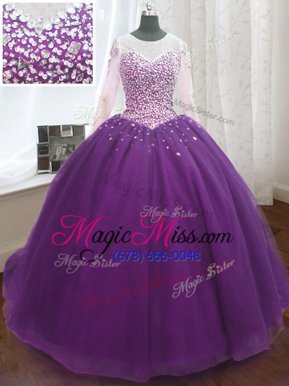 Fashion Scoop Long Sleeves Beading and Sequins Lace Up Sweet 16 Quinceanera Dress with Purple Sweep Train
