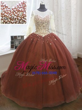Fantastic Scoop Brown Long Sleeves Sweep Train Beading and Sequins 15th Birthday Dress
