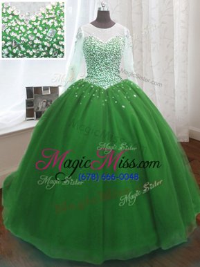 Exceptional Scoop Organza Long Sleeves Vestidos de Quinceanera Sweep Train and Beading and Sequins