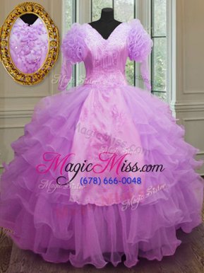 Comfortable Lilac Long Sleeves Floor Length Ruffled Layers Zipper Sweet 16 Dress