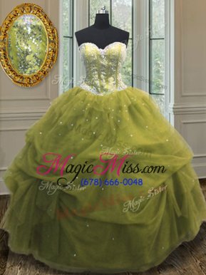 Captivating Sleeveless Organza Floor Length Lace Up Sweet 16 Quinceanera Dress in Olive Green for with Sequins and Pick Ups