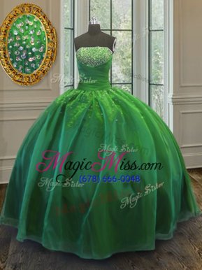 Excellent Sequins Strapless Sleeveless Lace Up Sweet 16 Dress Green Organza
