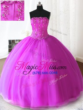 Gorgeous Fuchsia Ball Gowns Beading and Appliques Sweet 16 Dresses Lace Up Tulle Sleeveless Floor Length