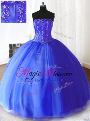 Glorious Royal Blue Strapless Lace Up Beading and Appliques Sweet 16 Quinceanera Dress Sleeveless