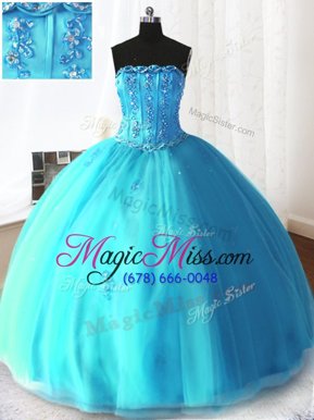 Decent Baby Blue Strapless Neckline Beading and Appliques Sweet 16 Dresses Sleeveless Lace Up