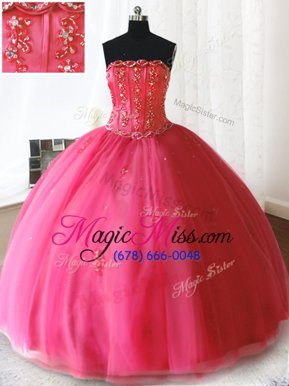 Graceful Strapless Sleeveless Tulle Ball Gown Prom Dress Beading and Appliques Lace Up