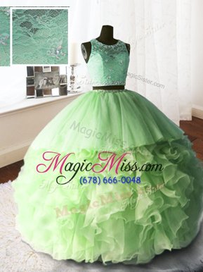 Fabulous Scoop Sleeveless With Train Beading and Lace and Ruffles Zipper Ball Gown Prom Dress with Brush Train