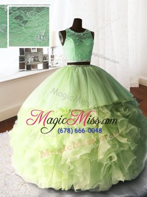 Custom Design Scoop With Train Zipper Quince Ball Gowns Yellow Green and In for Military Ball and Sweet 16 and Quinceanera with Beading and Lace and Ruffles Brush Train