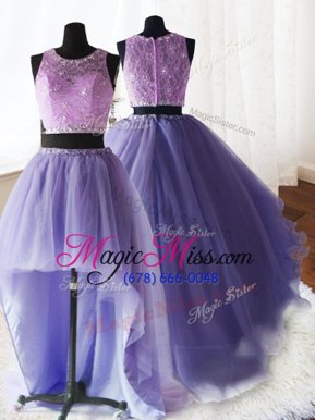 Colorful Three Piece Lavender Quinceanera Dresses Military Ball and Sweet 16 and Quinceanera and For with Beading and Lace and Ruffles Scoop Sleeveless Brush Train Zipper