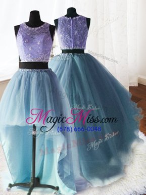 Fabulous Three Piece Scoop Baby Blue Sleeveless With Train Beading and Lace and Ruffles Zipper Quinceanera Gowns