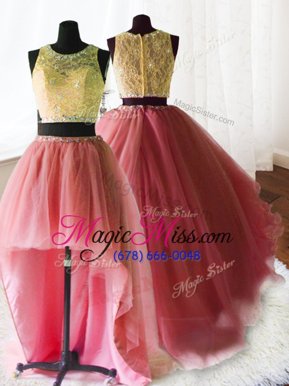 Dynamic Three Piece Scoop Watermelon Red Ball Gowns Beading and Lace and Ruffles Vestidos de Quinceanera Zipper Organza and Tulle and Lace Sleeveless With Train