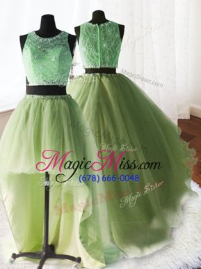Hot Sale Three Piece Scoop With Train Yellow Green Quinceanera Dresses Organza and Tulle and Lace Brush Train Sleeveless Beading and Lace and Ruffles