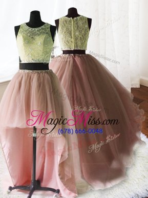 Simple Three Piece Scoop Beading and Lace and Ruffles Quinceanera Gowns Baby Pink Zipper Sleeveless With Brush Train