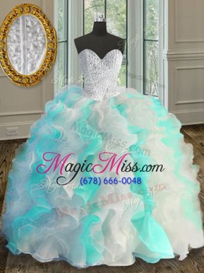 Flirting Sleeveless Floor Length Beading and Ruffles Lace Up 15th Birthday Dress with White and Green