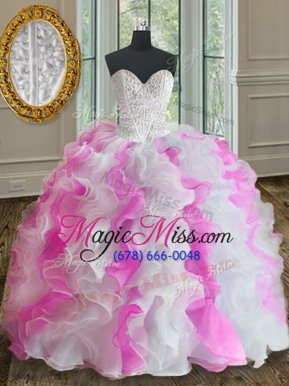 Comfortable White and Pink Ball Gowns Sweetheart Sleeveless Organza Floor Length Lace Up Beading and Ruffles Sweet 16 Quinceanera Dress