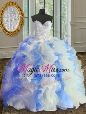 Wonderful Sweetheart Sleeveless Quinceanera Dress Floor Length Beading and Ruffles White and Blue Organza