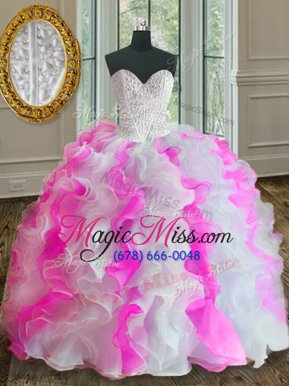Stunning Organza Sweetheart Sleeveless Lace Up Beading and Ruffles Vestidos de Quinceanera in Pink And White