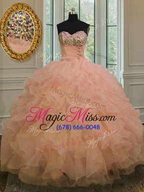 Fitting Peach Lace Up Quinceanera Gown Beading and Ruffles Sleeveless Floor Length