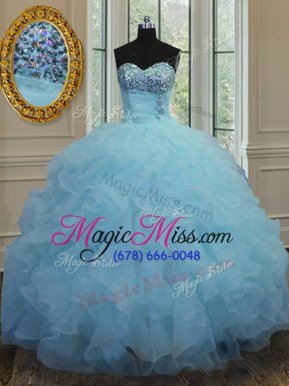 High Quality Baby Blue Ball Gowns Organza Sweetheart Sleeveless Beading and Ruffles Floor Length Lace Up 15 Quinceanera Dress