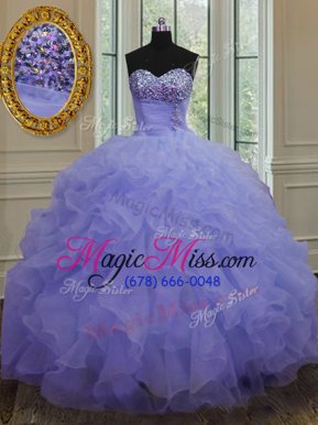 Luxury Lavender Ball Gowns Organza Sweetheart Sleeveless Beading and Ruffles Floor Length Lace Up Sweet 16 Dresses