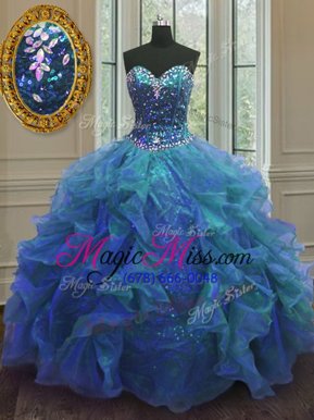 Sumptuous Blue Quinceanera Gown Military Ball and Sweet 16 and Quinceanera and For with Beading and Ruffles Sweetheart Sleeveless Lace Up