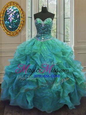 Custom Designed Turquoise 15 Quinceanera Dress Military Ball and Sweet 16 and Quinceanera and For with Beading and Ruffles Sweetheart Sleeveless Lace Up