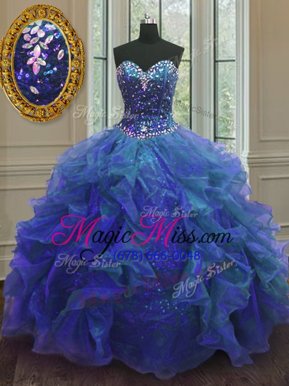 Dazzling Ball Gowns Quinceanera Gowns Blue Sweetheart Organza and Sequined Sleeveless Floor Length Lace Up