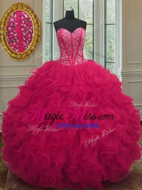 Sumptuous Coral Red Ball Gowns Beading and Ruffles Ball Gown Prom Dress Lace Up Organza Sleeveless Floor Length