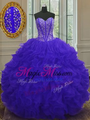 Lovely Blue Ball Gowns Sweetheart Sleeveless Organza Floor Length Zipper Beading and Ruffles Vestidos de Quinceanera