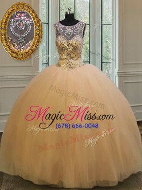 Simple Scoop Gold Sleeveless Tulle Backless Vestidos de Quinceanera for Military Ball and Sweet 16 and Quinceanera