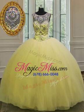 Popular Light Yellow Sweet 16 Dress Military Ball and Sweet 16 and Quinceanera and For with Beading and Appliques Scoop Sleeveless Backless