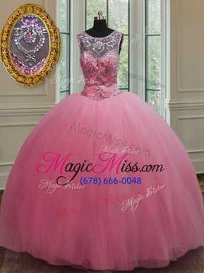 Fitting Scoop Rose Pink Sleeveless Beading Floor Length Sweet 16 Quinceanera Dress