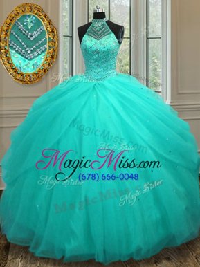 Dynamic Halter Top Floor Length Lace Up Quinceanera Gown Aqua Blue and In for Military Ball and Sweet 16 and Quinceanera with Beading