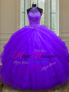 Customized Sequins Halter Top Sleeveless Lace Up Quinceanera Gown Purple Tulle