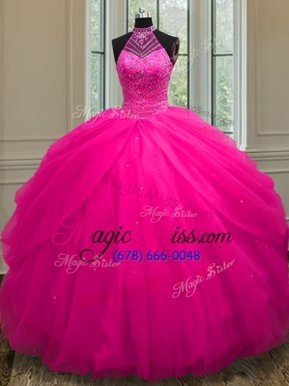 Exceptional Halter Top Sleeveless Sweet 16 Quinceanera Dress Floor Length Beading and Sequins Hot Pink Tulle