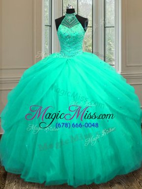 Custom Made Turquoise Ball Gowns Tulle Halter Top Sleeveless Beading and Sequins Floor Length Lace Up Sweet 16 Dress