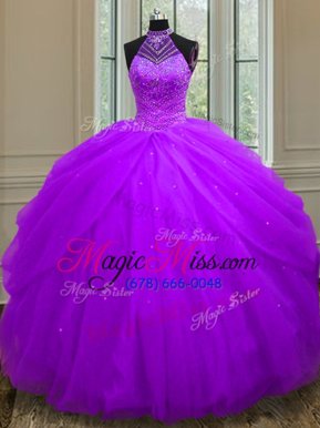 Edgy Purple Ball Gowns Tulle Halter Top Sleeveless Beading and Sequins Floor Length Lace Up 15 Quinceanera Dress