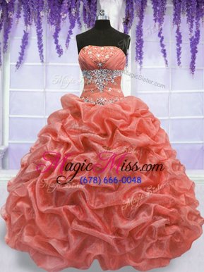 Discount Watermelon Red and Coral Red Ball Gowns Beading Sweet 16 Dress Lace Up Organza Sleeveless Floor Length
