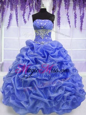 Most Popular Pick Ups Blue Sleeveless Organza Lace Up Quinceanera Gown for Military Ball and Sweet 16 and Quinceanera