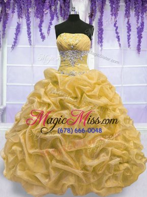 Captivating Gold Ball Gowns Strapless Sleeveless Organza Floor Length Lace Up Beading Ball Gown Prom Dress