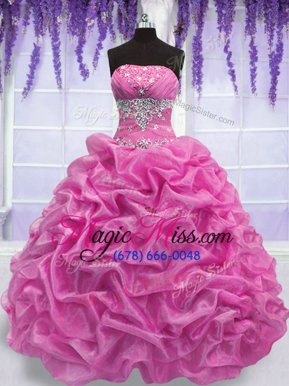 Ideal Rose Pink Strapless Lace Up Beading Sweet 16 Dress Sleeveless
