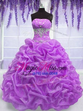 Simple Organza Strapless Sleeveless Lace Up Beading Sweet 16 Quinceanera Dress in Fuchsia