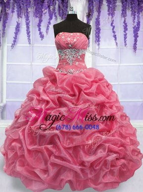 Captivating Rose Pink Organza Lace Up Ball Gown Prom Dress Sleeveless Floor Length Beading