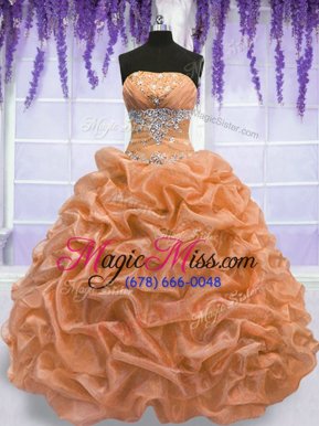 High Class Orange Lace Up Sweet 16 Dress Beading Sleeveless Floor Length
