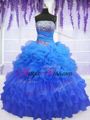 Latest Sleeveless Organza Floor Length Lace Up Vestidos de Quinceanera in Blue for with Beading and Ruffled Layers and Pick Ups