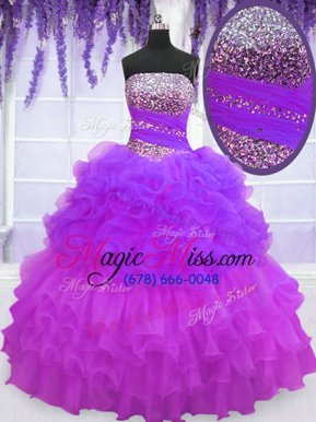 Colorful Purple Ball Gowns Beading and Ruffled Layers and Pick Ups 15 Quinceanera Dress Lace Up Organza Sleeveless Floor Length
